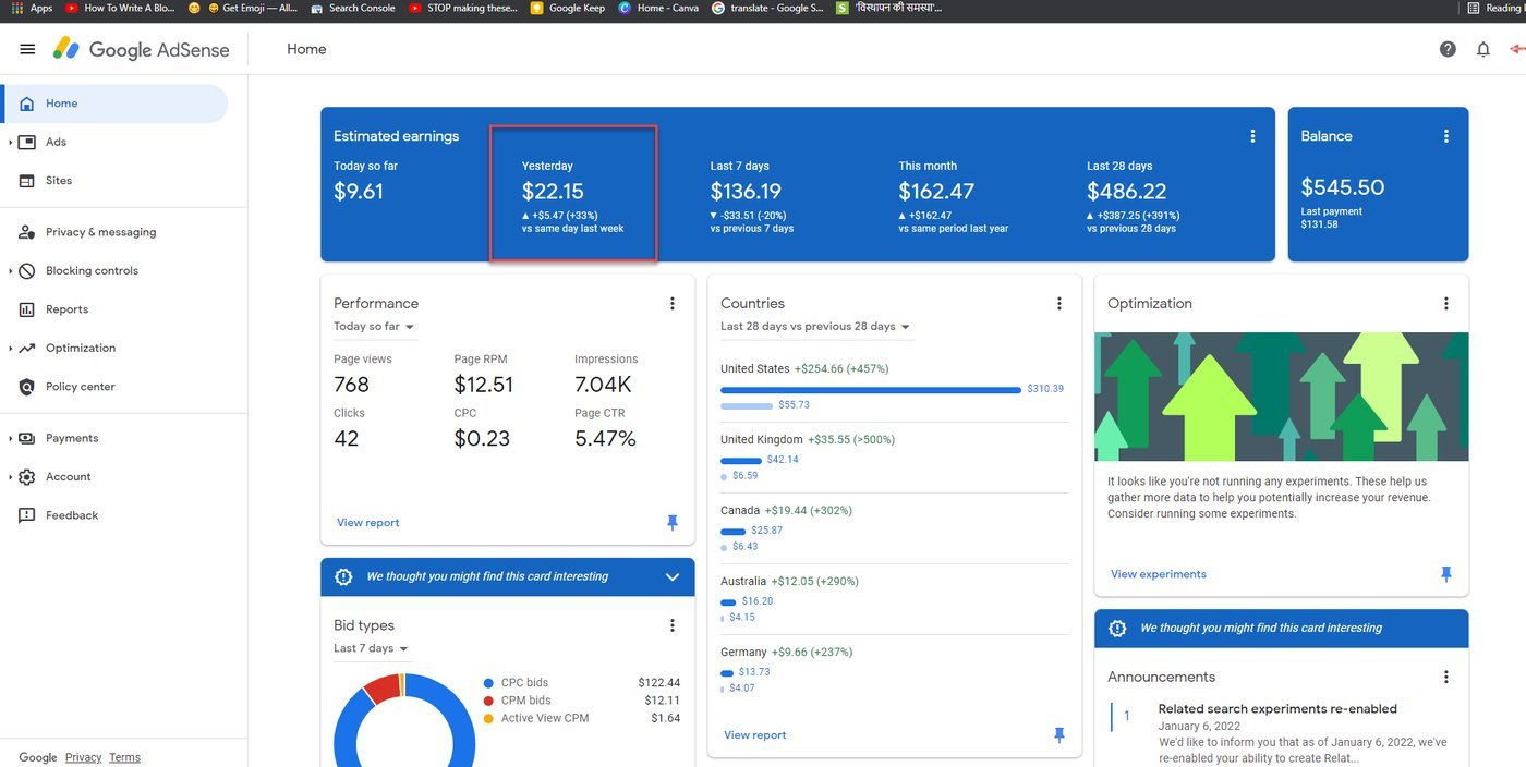AdSense dashboard showing recovered CPC and rising earnings across countries and platforms