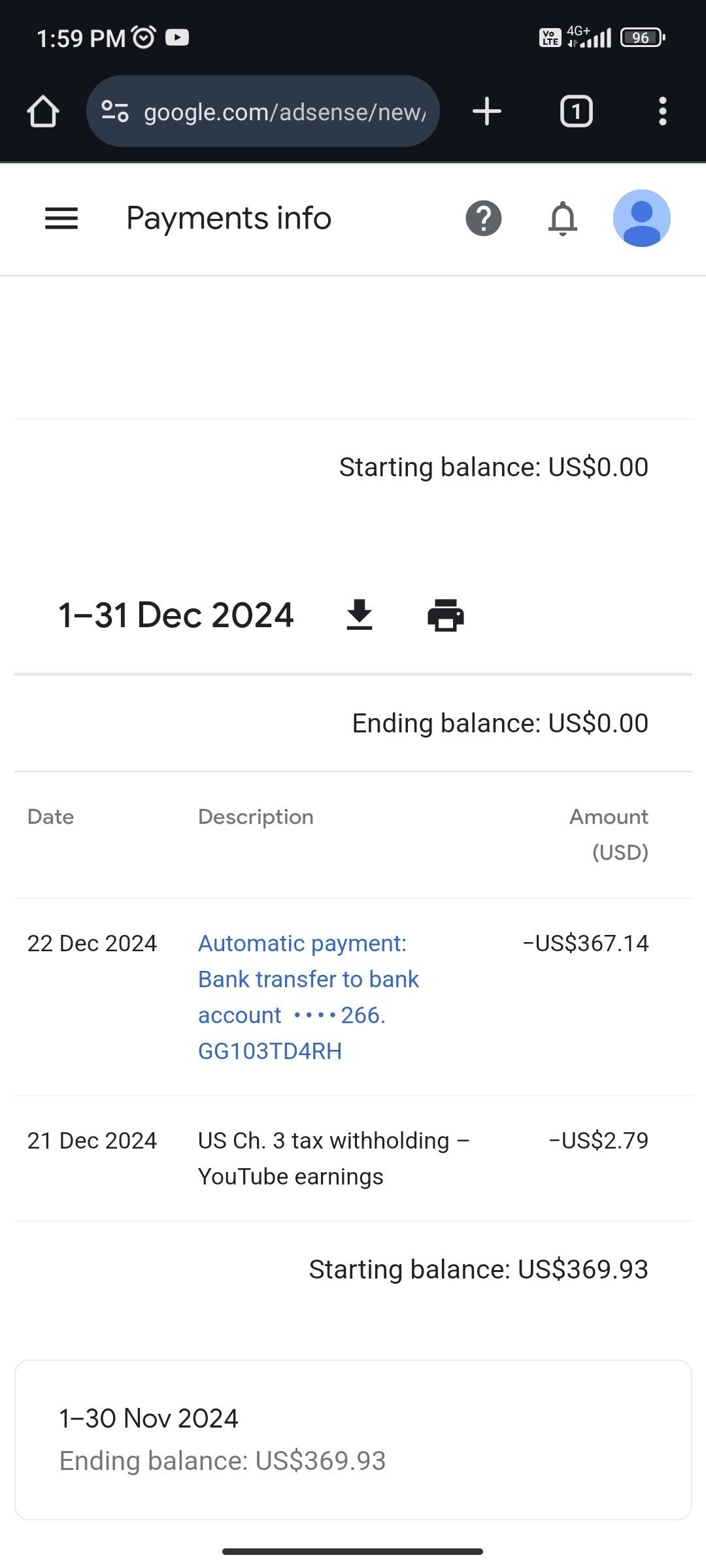 AdSense payments history showing a completed bank transfer payout