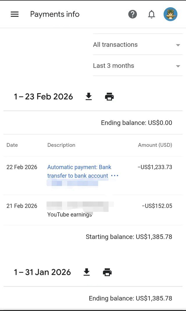 AdSense payments history showing a completed bank transfer payout